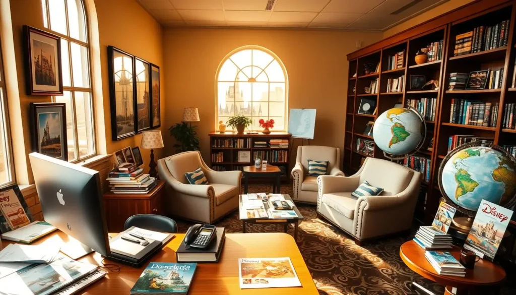 A Disney travel agent's office, bathed in warm, golden light filtering through large windows.