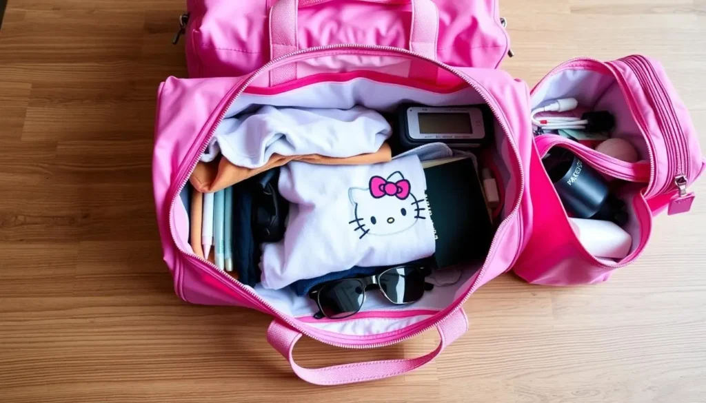 Hello Kitty duffle bag various compartments and pockets 