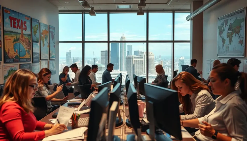 A bustling office space in downtown Dallas, Texas,