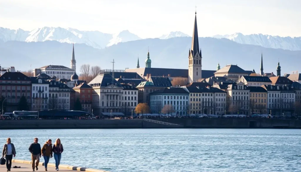 A bustling city skyline of Zurich, Switzerland