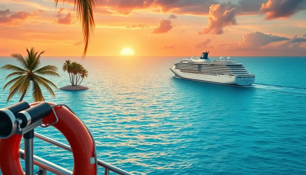 A lush, serene seascape with a majestic cruise ship
