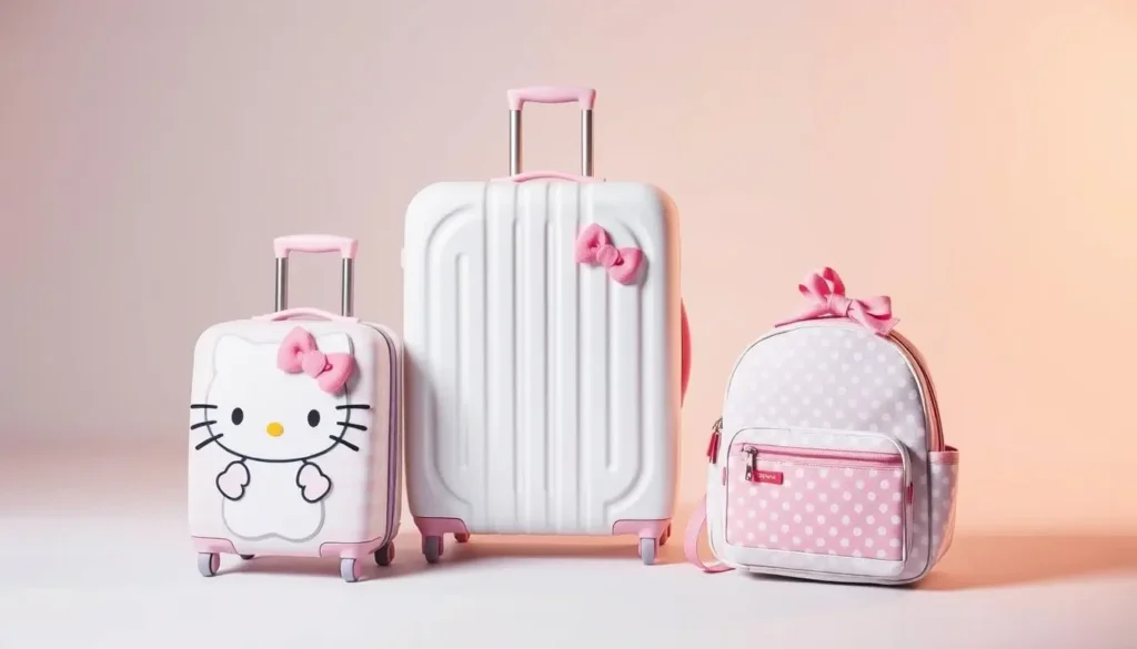 A whimsical, pastel-colored Hello Kitty luggage set
