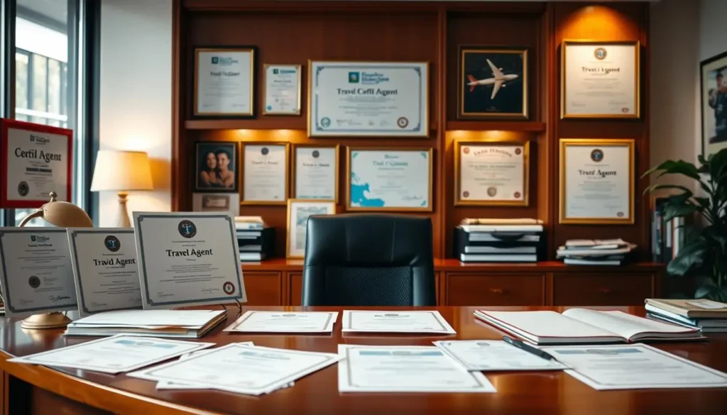 travel agent certification documents, diplomas, and professional licenses prominently displayed