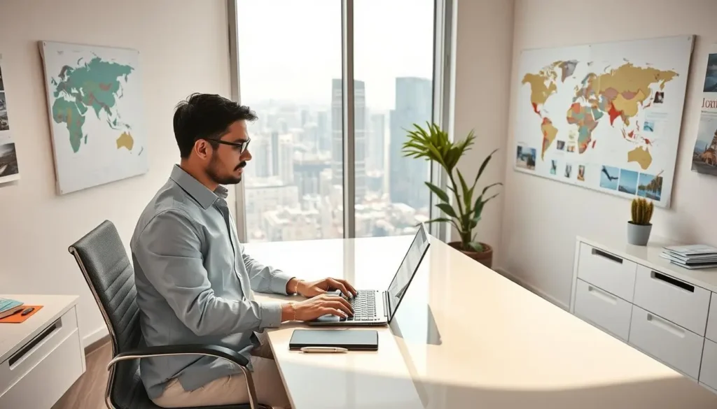 A remote travel agent sits at a sleek