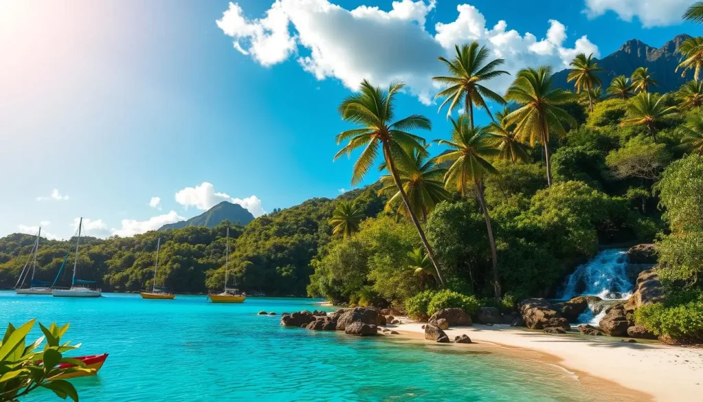 A vibrant, sun-dappled scene of St Thomas lush, verdant landscapes.