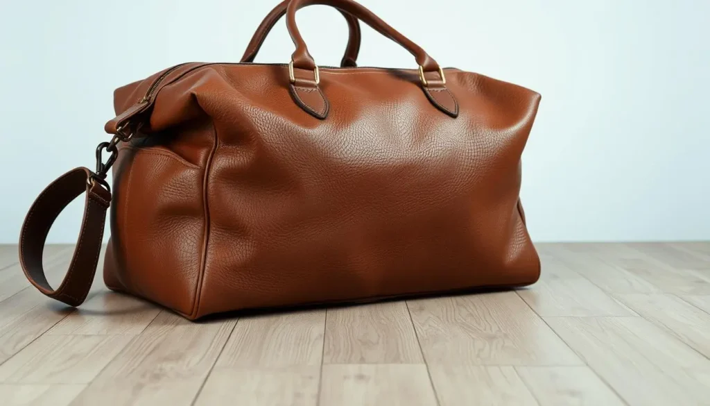 A durable, well-crafted leather travel bag resting