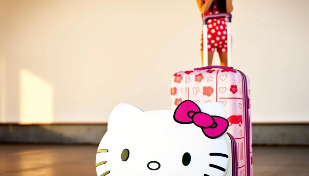A vibrant, whimsical Hello Kitty carry-on luggage design