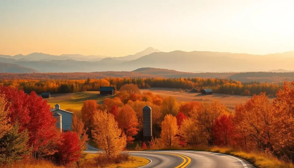 A vast, picturesque landscape under a golden autumn sky.