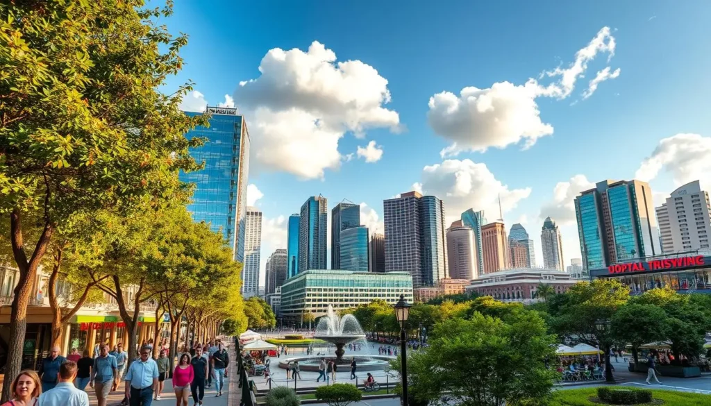 A vibrant summer cityscape