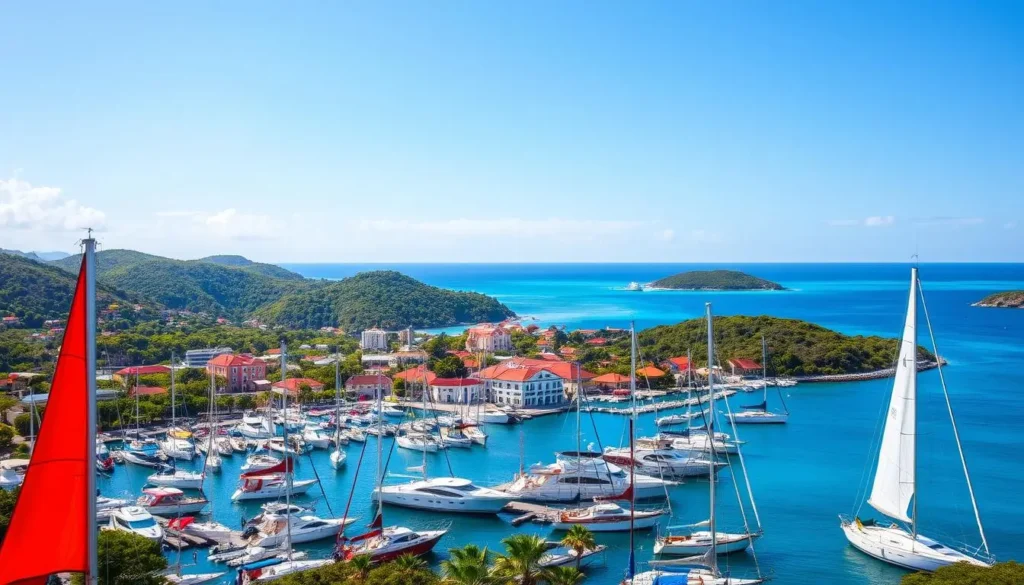US Virgin Islands a bustling harbor filled with colorful sailboats and yachts,
