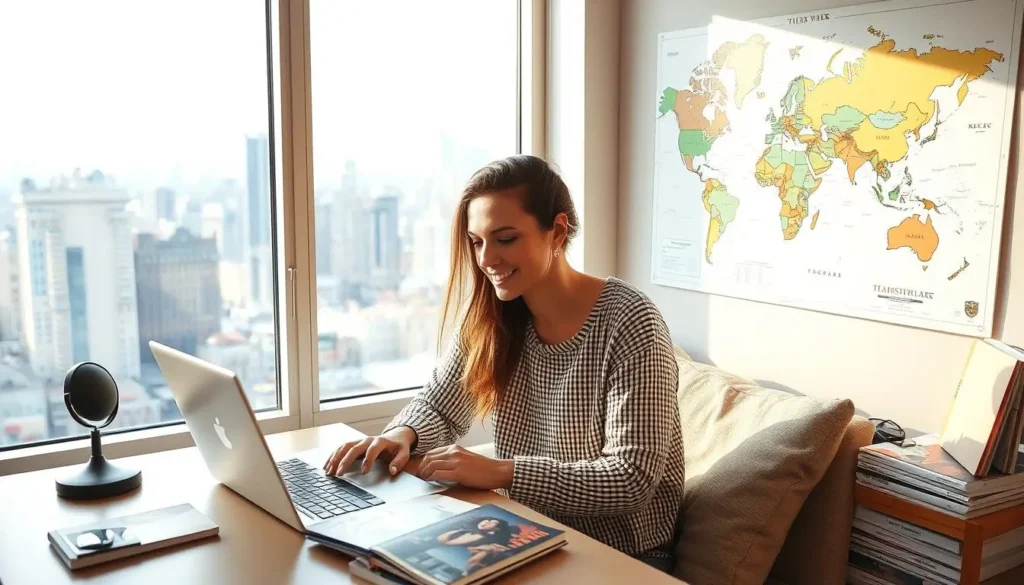A remote worker sits comfortably at a desk