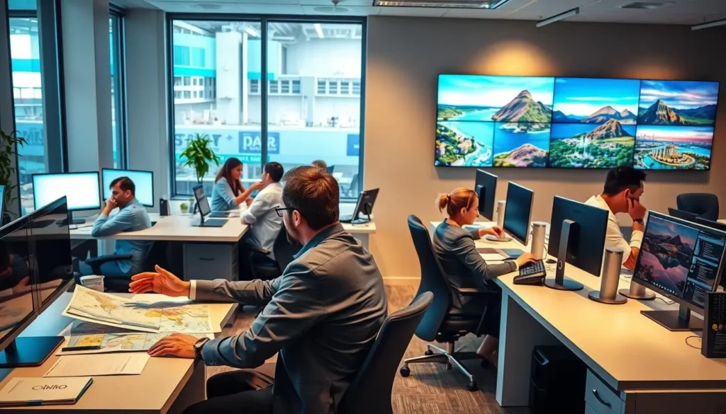 A bustling travel agency office