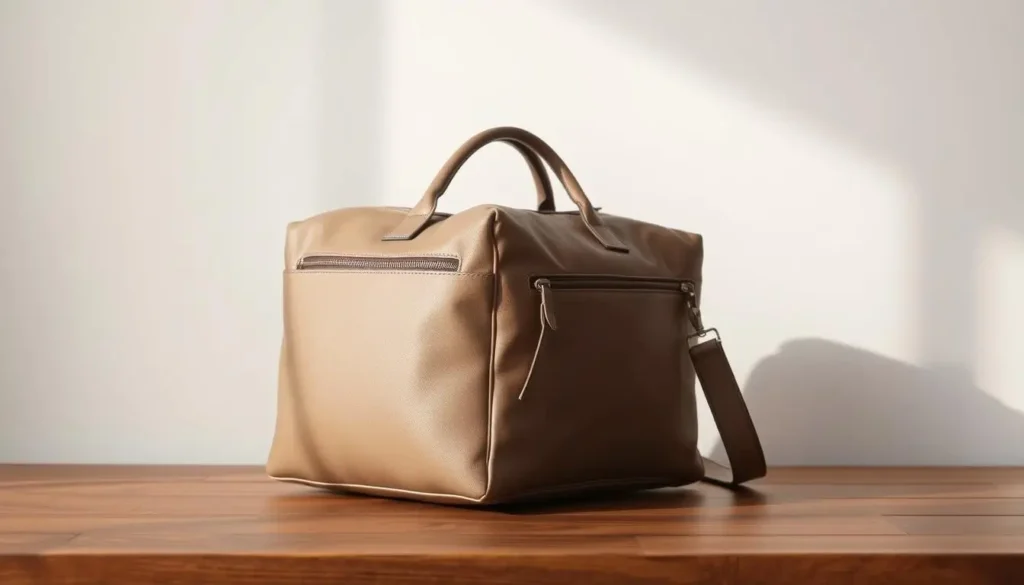 A sleek, well-crafted travel bag in a neutral tone,